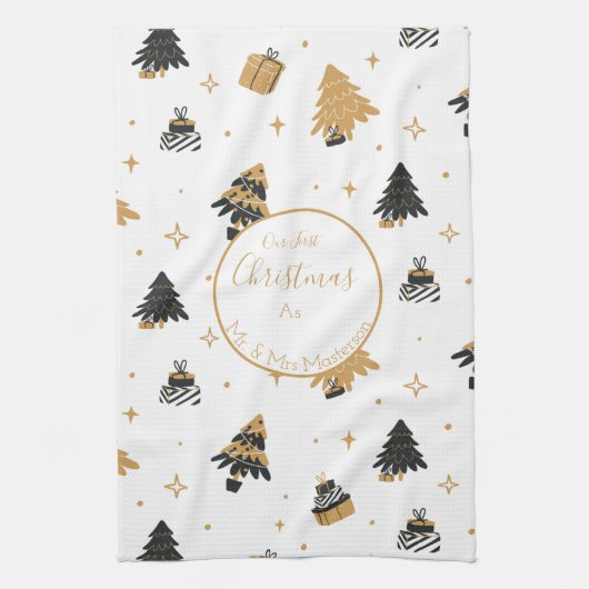 Gold Schwarz Erster Weihnachtsbaum Muster Benutzer Geschirrtuch (Vertikal)