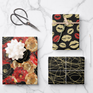 Gold Schwarz Florale Lippen Party Brautparty  Geschenkpapier Set