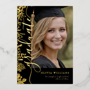 Gold Schwarz Florales Abschlussfoto Abitur Folieneinladung