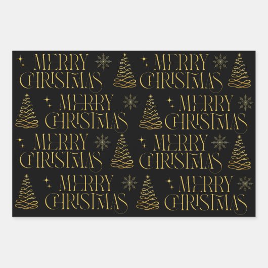 Gold Schwarz Frohe Weihnachtsbaum Snowflake Stilvo Geschenkpapier Set (Vorderseite)