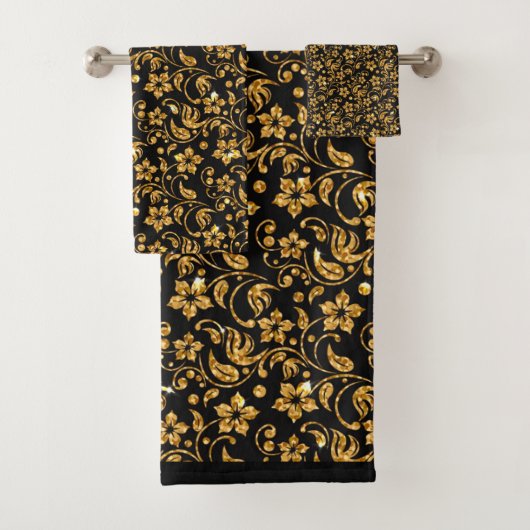 Gold Schwarz Glossy Floral Badhandtuch Set (Insitu)