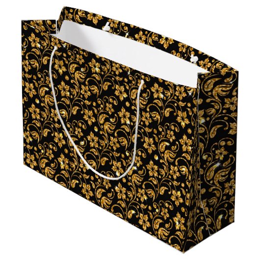 Gold Schwarz Glossy Floral Große Geschenktüte (Rückseite Schrägansicht)