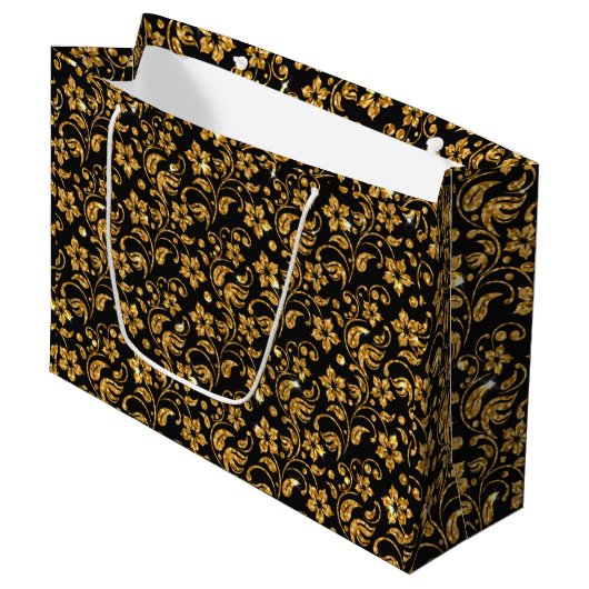 Gold Schwarz Glossy Floral Große Geschenktüte (Vorderseite Schrägansicht)