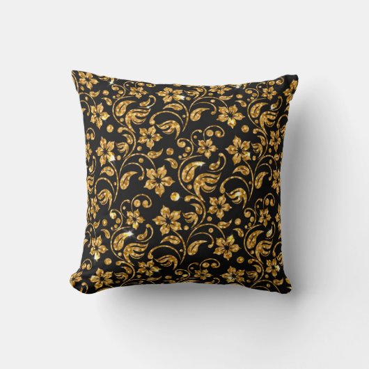 Gold Schwarz Glossy Floral Kissen (Vorderseite)
