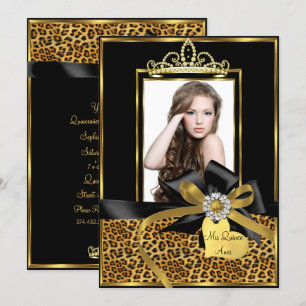Gold Schwarz Leopard Druck & Bogen Foto Quinceaner Einladung