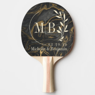 Gold Schwarz Marmor Wirbel Blatt Hochzeitsmonogram Tischtennis Schläger