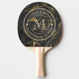 Gold Schwarz Marmor Wirbelstein Hochzeitsmonogramm Tischtennis Schläger