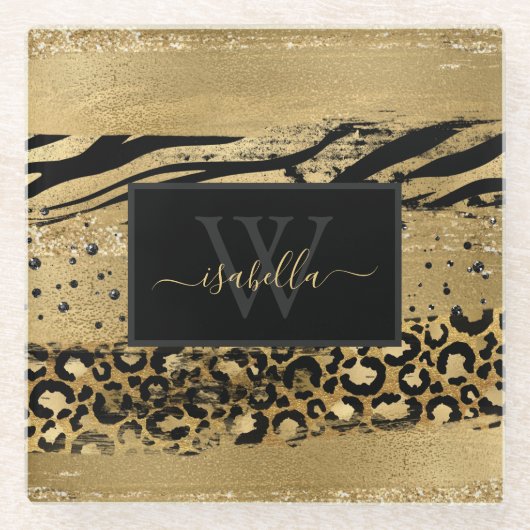 Gold Schwarz Monogramm Glasuntersetzer (Vorderseite)