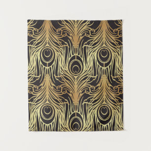Gold, Schwarz, Pfau, Jugendstil, Vintages Muster,  Wandteppich