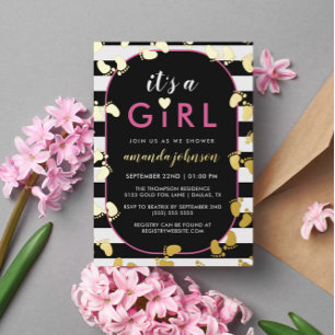 Gold Schwarz Pink Es ist ein Mädchen Baby Fußabdrü Folieneinladung