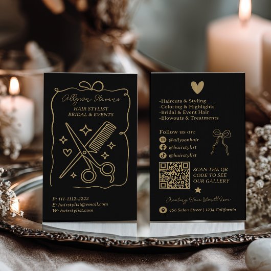 Gold-Schwarz Retro-Doodles Friseur QR-Code Visitenkarte