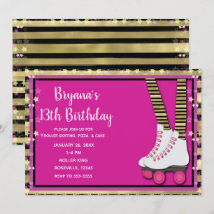 Gold Schwarz & Rosa Roller Skating Geburtstagsfeie Einladung