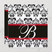 GOLD & SCHWARZ ROTES DAMASK-MONOGRAMM, weiß Einladung (Vorne/Hinten)