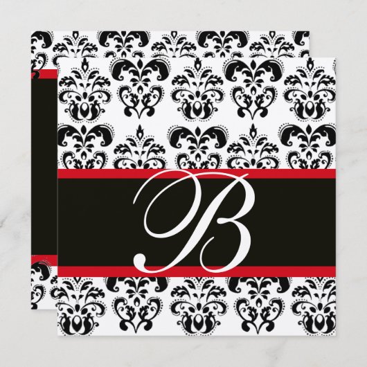 GOLD & SCHWARZ ROTES DAMASK-MONOGRAMM, weiß Einladung (Vorne/Hinten)