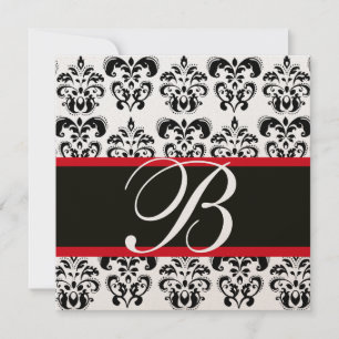 GOLD & SCHWARZ ROTES DAMAST-MONOGRAMM, weiß Einladung