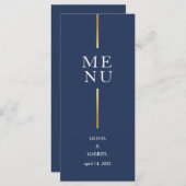 Gold schwarz und weiß. Einfache Hochzeit in Blau Menükarte (Vorne/Hinten)