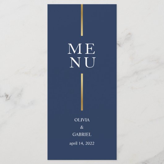 Gold schwarz und weiß. Einfache Hochzeit in Blau Menükarte (Vorderseite)