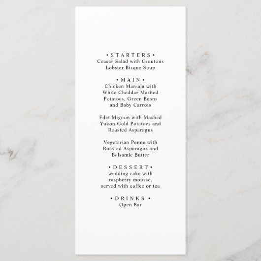 Gold schwarz und weiß. Einfaches modernes Hochzeit Menükarte (Rückseite)