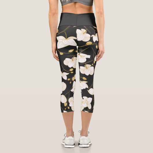 Gold, schwarz und weiß, elegant orchid floriert mo capri leggings (Rückseite)