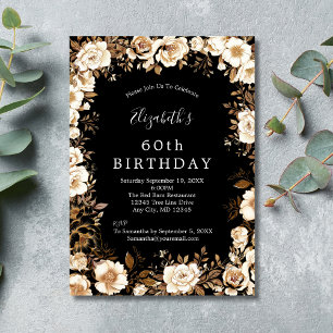 Gold Schwarz Weiß Floral 60. 70. 80. Geburtstag Einladung