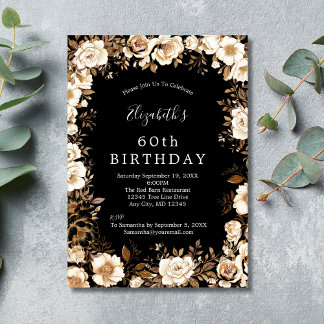 Gold Schwarz Weiß Floral 60. 70. 80. Geburtstag Einladung