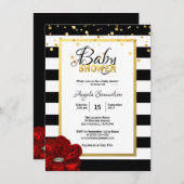 Gold Schwarz-weiß Floral Rote Rose Babydusche Einladung (Vorne/Hinten)