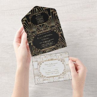 Gold Schwarz-weiß Great Gatsby Art Deco Geburtstag All In One Einladung