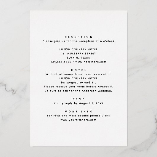 Gold Schwarz-Weiß-Minimalistische Hochzeit + Detai Folieneinladung (Rückseite)