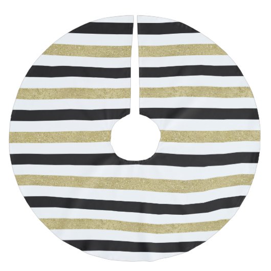 Gold Schwarz-weiß Strips Weihnachten Polyester Weihnachtsbaumdecke (Vorderseite)