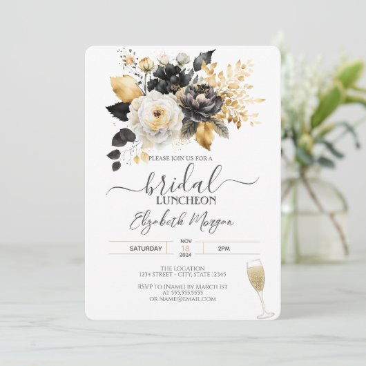Gold Schwarz-weiße Blume Bridal Luncheon Einladung (Stehend Vorderseite)