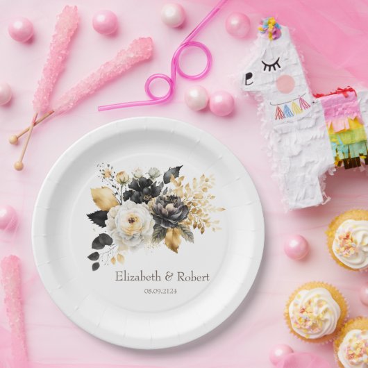 Gold Schwarz-weiße Blume Pappteller (Party)