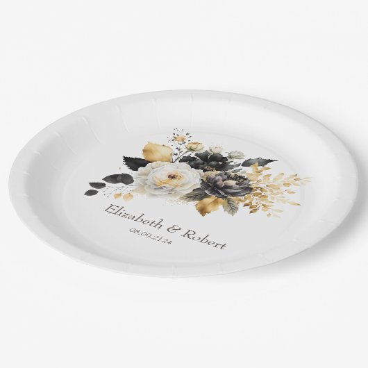 Gold Schwarz-weiße Blume Pappteller (Schrägansicht)