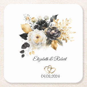 Gold Schwarz Weiße Blumen Hochzeit  Rechteckiger Pappuntersetzer