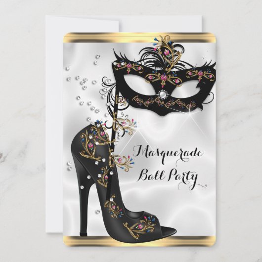 Gold Schwarz-weiße Masquerall Party Maske Jewel Einladung (Vorderseite)