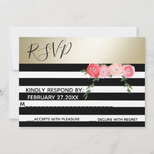 Gold Schwarz/weiße Streifen Rosen Hochzeit RSPV Einladung