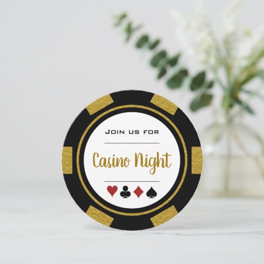 Gold Schwarz-weißer Poker Chip Casino Einladung (Stehend Vorderseite)