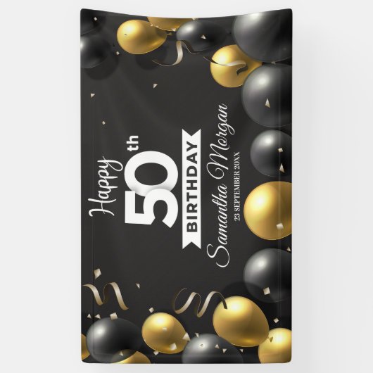 Gold schwarze Ballons, modern jedes Alter Geburtst Banner (Vertikal)