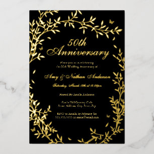 Gold Schwarze Elegante Blatt 50. Hochzeitstag Folieneinladung