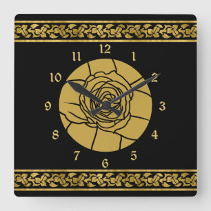 Gold Schwarze Rose Leaf Border Minimalistisch Squa Quadratische Wanduhr