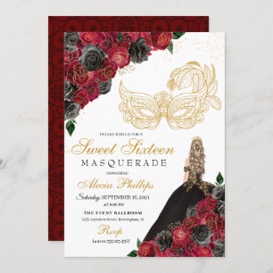 Gold Schwarze Rote Rosen Masquerade Sweet 16 Einladung