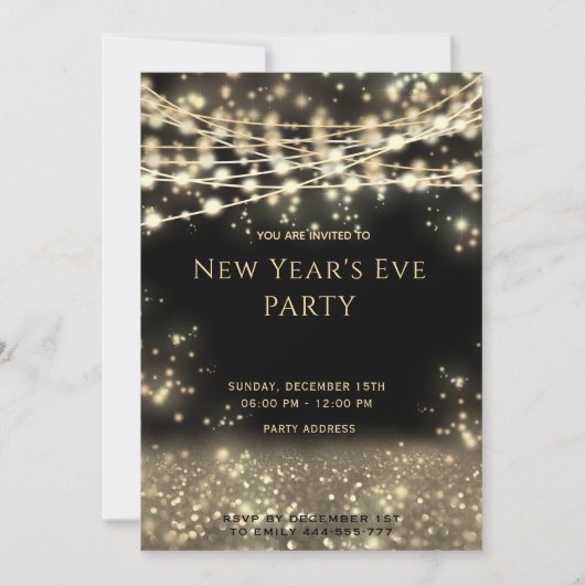 Gold schwarze Saitenleuchten Silvester Einladung (Vorderseite)
