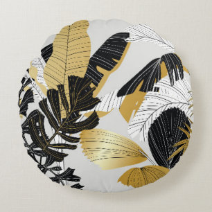 Gold, schwarze tropische Pflanzen: Luxus. Rundes Kissen