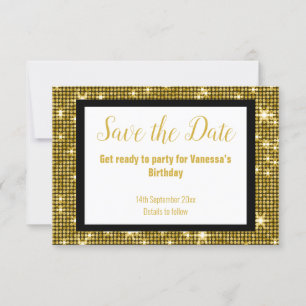 GOLD SCHWARZES DISCO PARTY SAVE THE DATE weiß Ankündigung