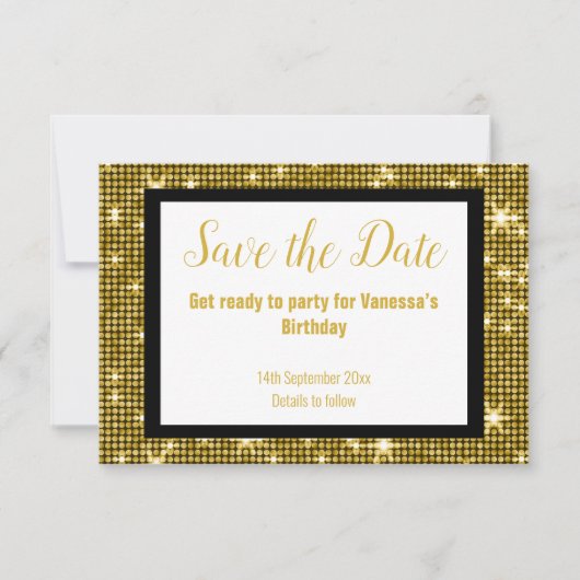 GOLD SCHWARZES DISCO PARTY SAVE THE DATE weiß Ankündigung (Vorderseite)