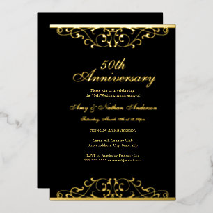 Gold Schwarzes Elegantes Wirbeln 50. Hochzeitstag Folieneinladung