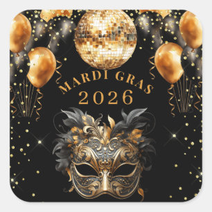 Gold Schwarzes Glitter Mardi Gras 2026 Quadratischer Aufkleber