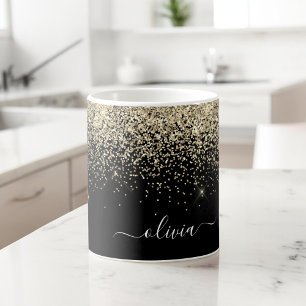 Gold Schwarzes Mädchen Glitter Funkel Monogramm Na Kaffeetasse