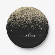 Gold Schwarzes Mädchen Glitter Funkel Monogramm Na Pappteller