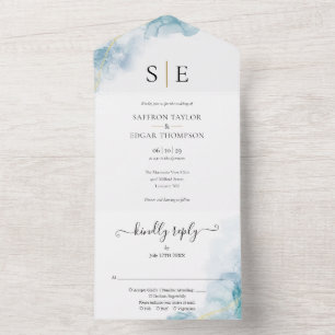 Gold-Schwarzes Monogramm Blaue Wasserfarbe Hochzei All In One Einladung