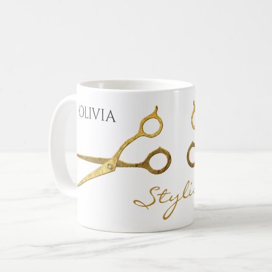 Gold Scissors Haare Stylist und Name Kaffeetasse (Vorderseite Links)